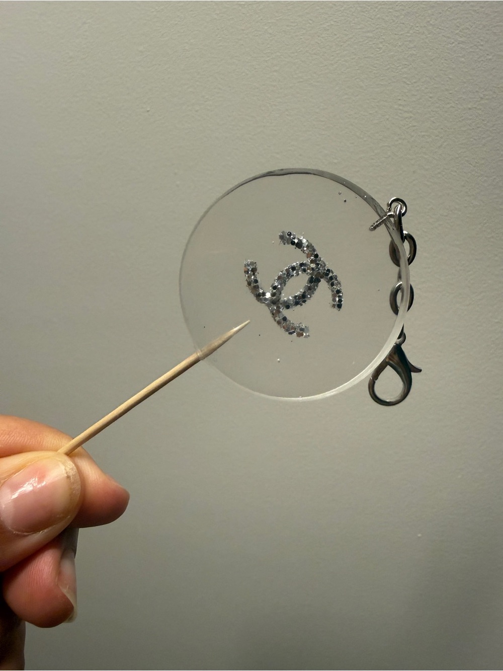 Clear Crystal-Embellished Round Key Charm with Silver Hardware